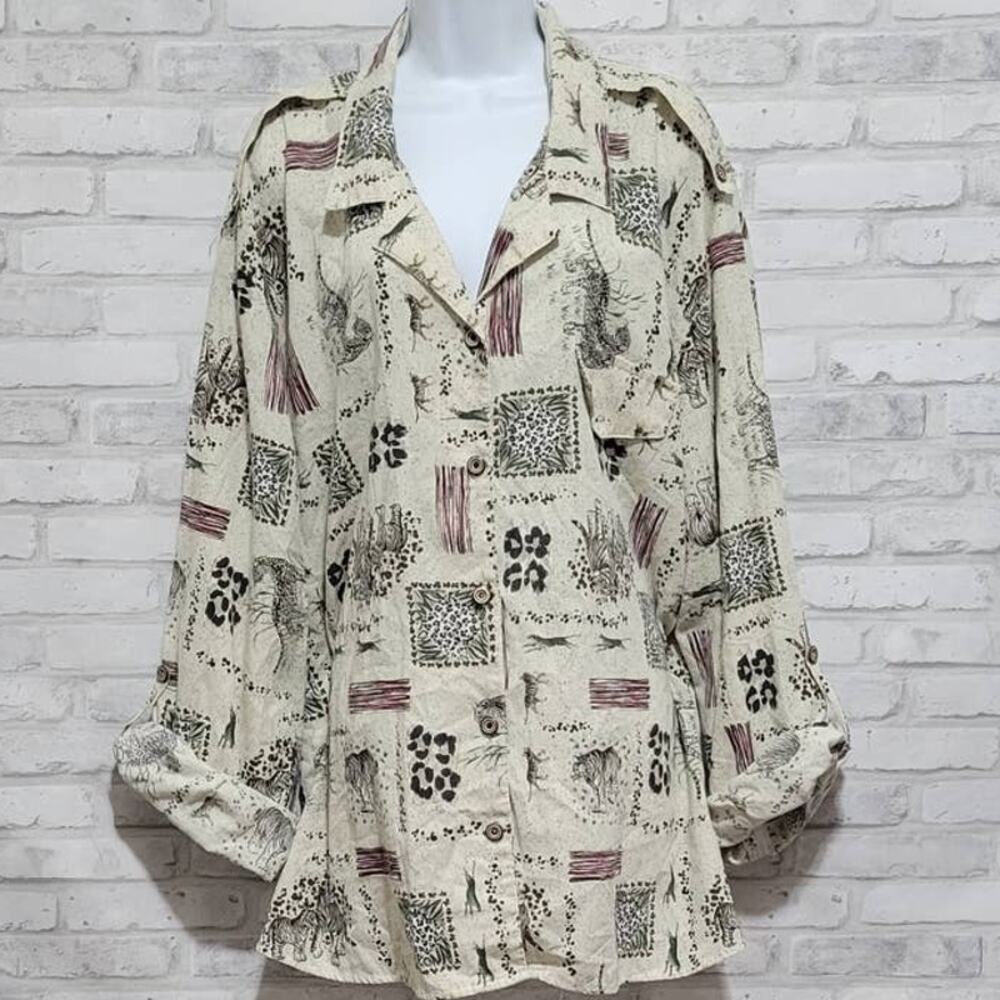Tapestry Vtg 80s Tiger Leopard Wood Button Blouse Womens Size 34